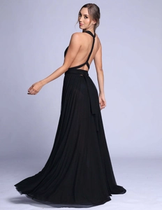 Back view of elegant black halter neck infinity dress with a deep backless design