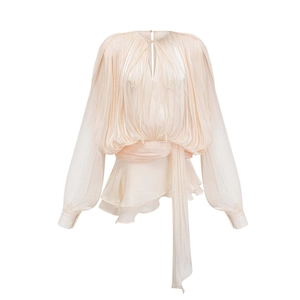Detailed view of apricot pleated puff sleeve blouse with adjustable waist tie belt