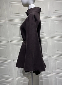 Detailed side view of brown wool cloak coat with elegant stand collar and waist belt