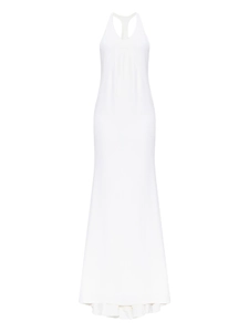 Detailed view of white halter-neck maxi dress featuring elegant silhouette and backless design
