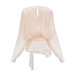 Detail of light pink puff sleeve blouse with pleated back and glossy satin texture