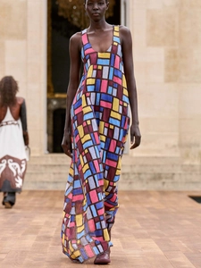 Women Casual Geometric Patchwork Maxi Dress Sleeveless Deep U Neck Cotton Linen Holiday Vacation Print Long Tank Dress