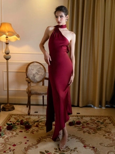 Robe de Soirée Élégante en Satin Français Dos Nu Halter Taille Haute Maxi Robe de Banquet Mariage Sexy Sans Manches de Bal