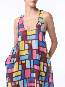 Colorful patchwork sleeveless long dress with hollow lace details and geometric print