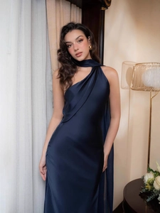 Elegant navy blue satin evening gown with one-shoulder design and slim mermaid silhouette