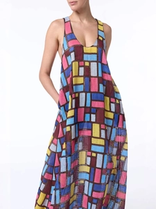 Women's sleeveless maxi dress with colorful geometric block patterns in a loose fit