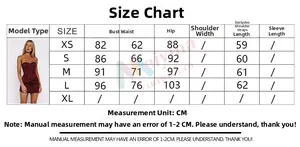 Size chart for solid color strapless dress with measurements in centimeters from XS to L
