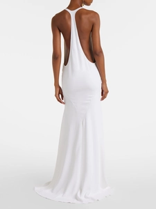Elegant white backless long dress with thin straps for women, back view full-length shot