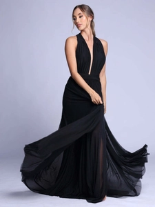 Elegant black deep V-neck halter maxi dress with flowing pleated A-line silhouette