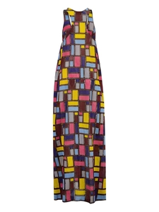Chic sleeveless maxi dress with vibrant geometric prints and a stylish halter neck design
