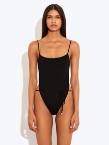 Maillot de bain une pièce noir dos nu chic avec fines bretelles et liens sur les côtés