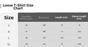 Size chart for women's loose T-shirt showing S to XL measurements in centimeters