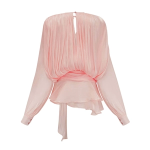 Detail of pink satin top featuring vertical pleats and keyhole button back closure