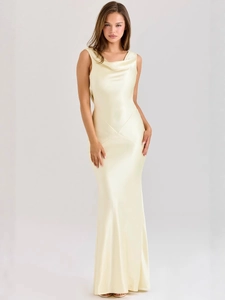 Elegant sleeveless champagne satin maxi dress with a draped cowl neck for formal events