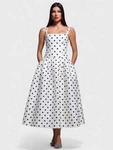 Robe Midi Vintage À Pois Blancs Pour Femmes Col Carré Sans Manches Ligne A Jupe À Volants Robe De Fête Avec Poches Robe D'Été Rétro Élégante