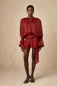Detail of puff sleeves and shiny satin fabric on this dark red French style dress