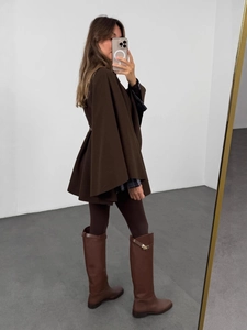 Elegant dark brown wool cloak coat for women with A-line silhouette and waist cinching