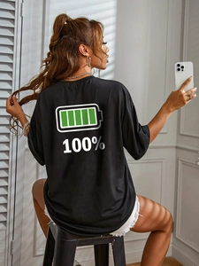 Damen Casual Lockerer Baumwollmischung T-Shirt Rundhals Kurzarm Top Mit Akku Grafikdruck Streetwear Fashion Top