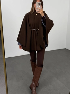 Elegant chocolate wool cloak coat with a gold button and waist-defining leather belt