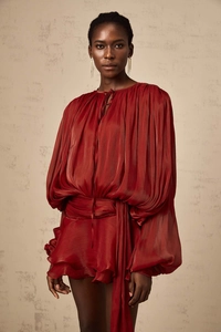 Detailed view of dark red puff sleeves and silk texture on French style dress