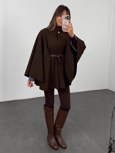 Elegant dark brown wool cape coat with a leather waist belt and high neck for winter