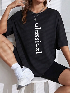 Women Casual Oversized Short Sleeve T-Shirt Cotton Blend Crew Neck Classical Letter Print Streetwear Fashion Summer Top
