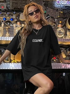 Women Casual Oversized Cotton Blend T-Shirt Crew Neck Short Sleeve Streetwear Why Not Print Loose Black Fashion Top
