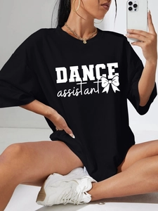 Women Casual Oversized Black T-Shirt Letter Print Bow Short Sleeve Crew Neck Cotton Blend Streetwear Relaxed Fit Top