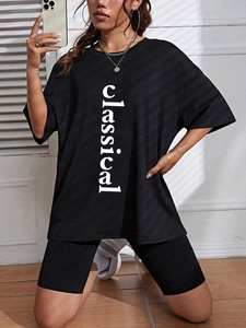 Women black casual loose T-shirt and cycling shorts set with classical print