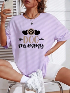 Women Casual Oversized T-Shirt Cotton Blend Dog Mommy Graphic Print Round Neck Drop Shoulder Short Sleeve Loose Fashion Top