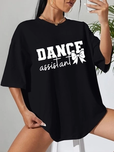 Oversized black cotton T-shirt featuring white Dance Assistant and bow print