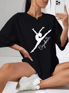 Women's Casual Oversized Black T-Shirt Round Neck Short Sleeve Cotton Blend Top With Gymnast Silhouette Letter Print