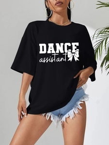 Relaxed fit black cotton t-shirt with DANCE assistant print and round neckline