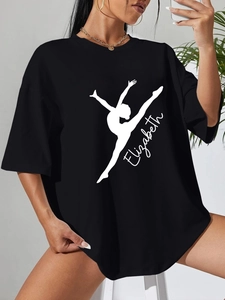 Women's black oversized cotton T-shirt with Elizabeth gymnast print and round neck design