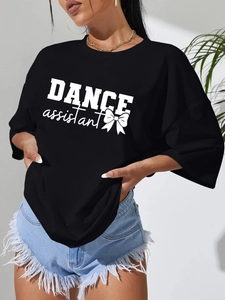 Women's black oversized cotton T-shirt with DANCE assistant print and bow design