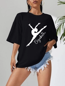 Women loose black T-shirt with white Elizabeth gymnastics print and casual denim shorts
