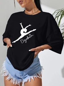 Women's black oversize cotton T-shirt with Elizabeth print and gymnast silhouette