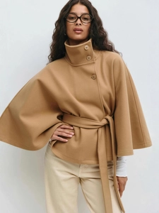 Chic camel wool blend cape coat with high neck buttons and stylish batwing sleeves