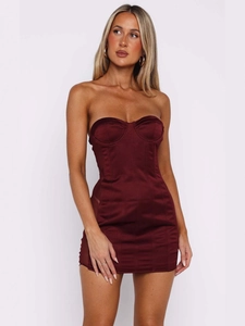 Women Sexy Satin Corset Mini Dress Tube Top Mesh Patchwork Lace Up Back Bodycon Party Clubwear Sleeveless Short Dress