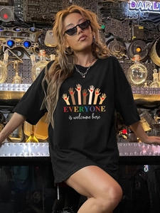 T-Shirt Décontracté pour Femmes Manches Courtes Col Rond Oversize Mélange de Coton Avec Imprimé Everyone Is Welcome Streetwear
