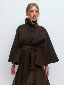 Elegant dark brown wool poncho coat with high collar and large black buttons for women