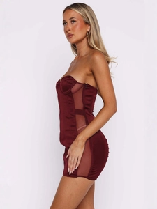 Slim fit wine red off-shoulder mini dress with mesh patchwork and side cut-outs