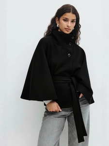 Women high collar wool coat with resin buttons and waist belt in chic cape style