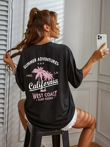 Maglietta da Donna Casual Oversize Girocollo con Stampa Retro California Palme Manica Corta in Misto Cotone