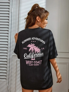 T-shirt nera in cotone vestibilità ampia con stampa California West Coast sul retro