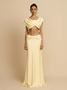 Damen Sexy Satin Zweiteiler Rock Set Gerafft Knoten Crop Top Und Maxi Rock Polyester Einfarbig Elegant Party Clubwear