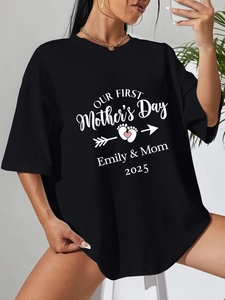 Dames Mode Katoenmix T-Shirt Ronde Hals Korte Mouw Moederdag Letterprint 2025 Losse Casual Streetwear Tops