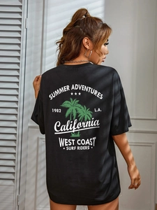 Women's black California surf print t-shirt with palm tree graphic on back