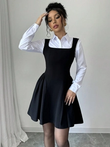 Elegant white long sleeve shirt paired with a black square neck A-line dress for women