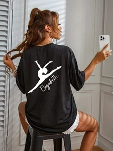 Women's Casual Oversized Black T-Shirt Round Neck Short Sleeve Cotton Blend Top With Graphic Print Elizabeth Gymnast Silhouette